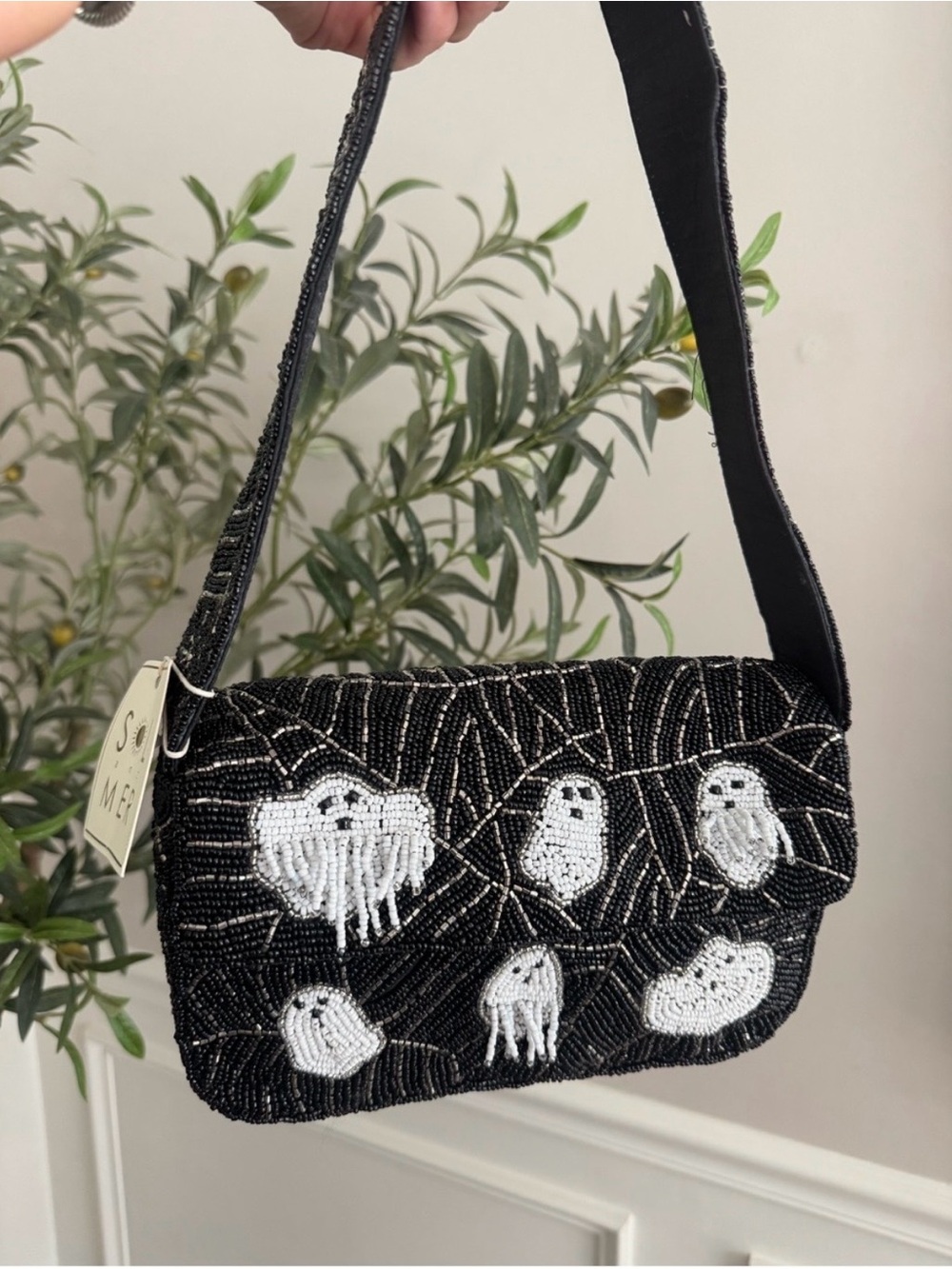 Sol and Mer Black Beaded Shoulder Bag with White Ghost Motif